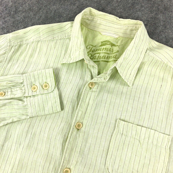 Tommy Bahama Mens Button Up Shirt Green Large Striped 100% LINEN Long Sleeve - Picture 1 of 12